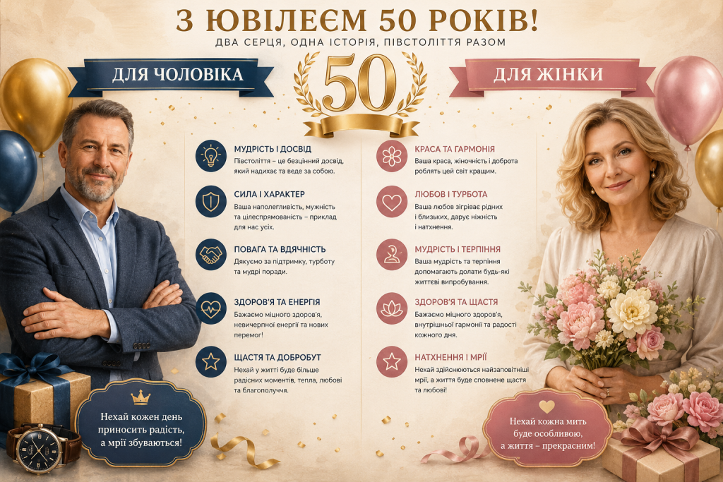 Святкова листівка «З ювілеєм 50 років» з окремими побажаннями для чоловіка та жінки, золоті кулі та квіти на фоні
