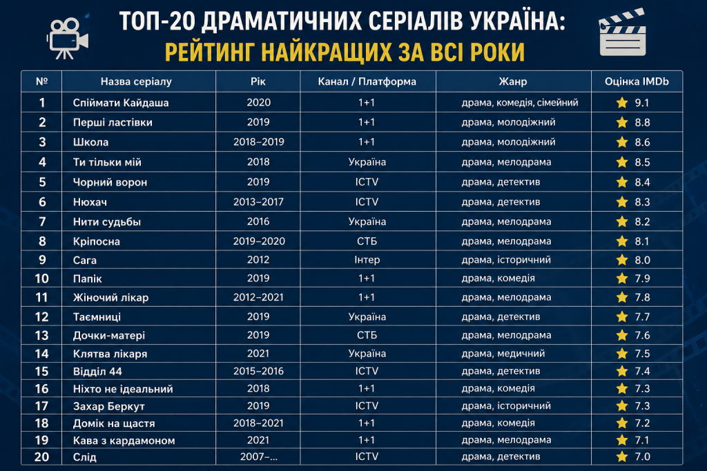 Інфографіка з рейтингом 20 найкращих українських драматичних серіалів за оцінкою IMDb: перше місце — «Спіймати Кайдаша» з оцінкою 9.1, далі «Перші ластівки», «Школа» та інші
