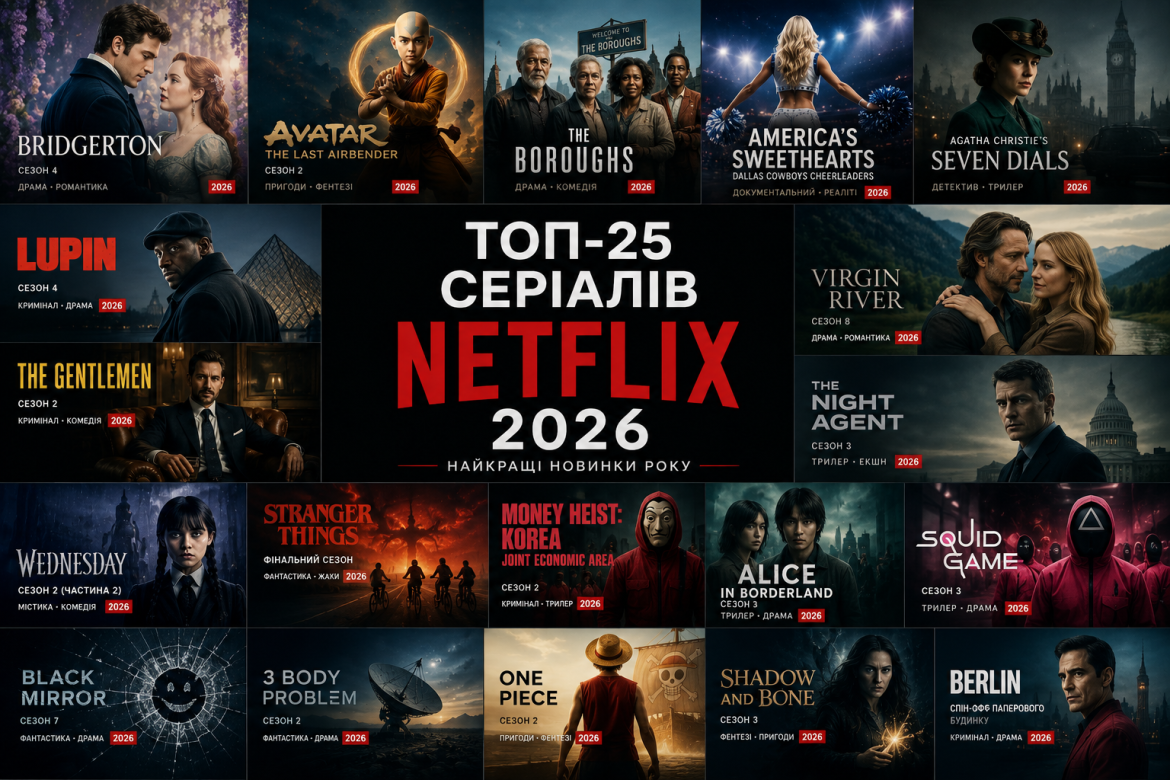 Колаж постерів 25 найкращих серіалів Netflix 2026 року, серед яких Bridgerton, Squid Game, Wednesday, Stranger Things та інші