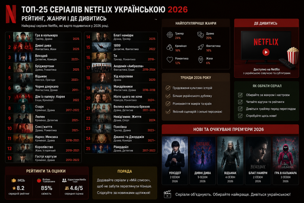 Інфографіка «Топ-25 серіалів Netflix українською 2026» зі списком серіалів, найпопулярнішими жанрами, трендами року та очікуваними прем'єрами