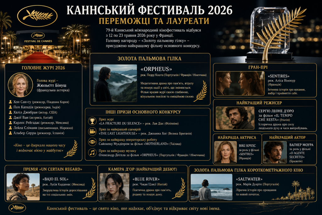 Інфографіка про переможців і головні нагороди Каннського кінофестивалю 2026