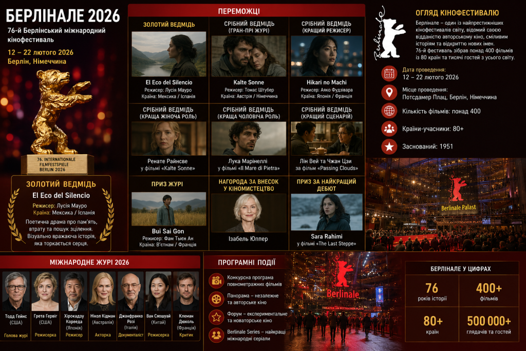 Інфографіка про Берлінський міжнародний кінофестиваль 2026, переможців, нагороди та програму фестивалю