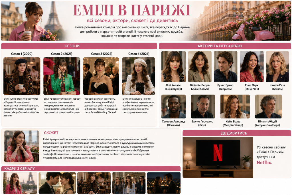 Інфографіка про серіал «Емілі в Парижі» з описом сезонів, сюжету, акторів і персонажів