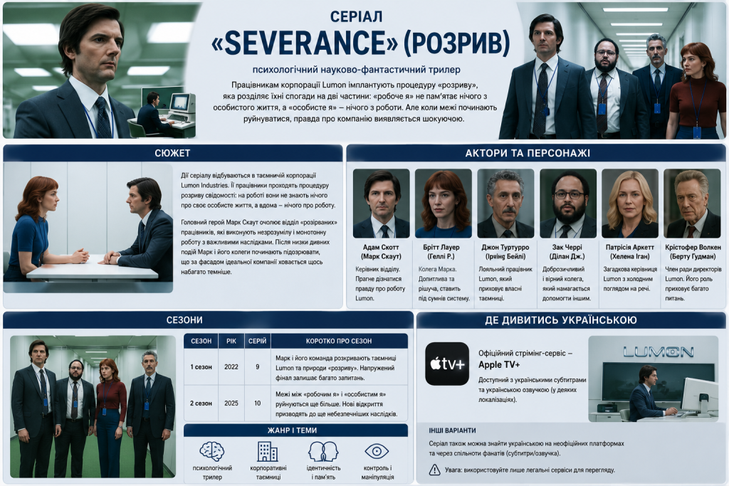 Інфографіка про серіал «Розрив» (Severance) з описом сюжету, сезонів, акторів і персонажів