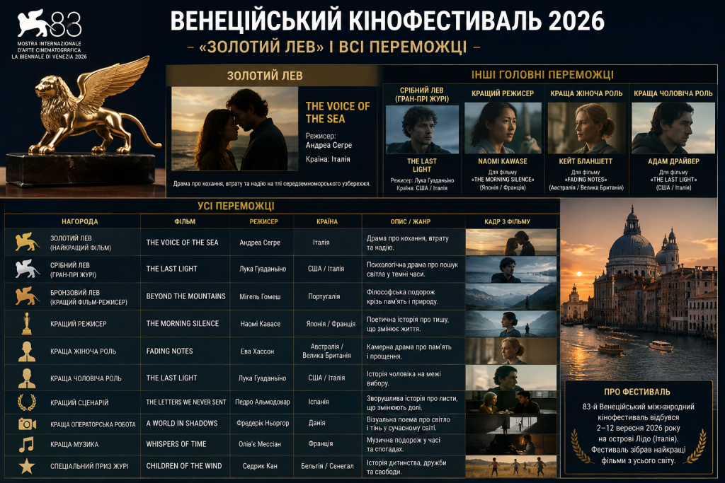Інфографіка про Венеційський кінофестиваль 2026 року, переможців, нагороди та головні номінації